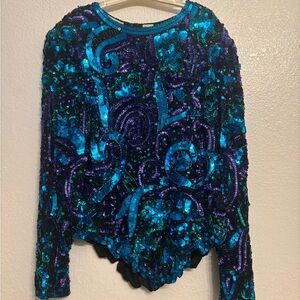 Sequin Embellished Blue and Green Women's Long Sleeve Top